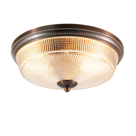 IP44 2 Light E27 Bathroom Flush Ceiling Light, Bronze/Prismatic Glass (1230SHI44C)