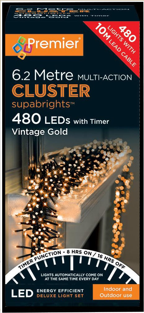 480 LED Multi Action Vintage Gold Cluster Christmas Lights with Timer