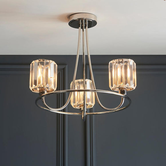 3 Light Semi Flush in Bright Nickel with Clear Cut Glass Shades (0711BER104107)