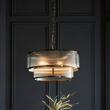 5 Light Tiered Pendant Antique Brass with Clear Ribbed Glass (0711RID110944)