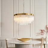 9 Light Pendant, Brushed Aged Brass and Decorative Glass Rod - Height Adjustable (0711ANI115347)