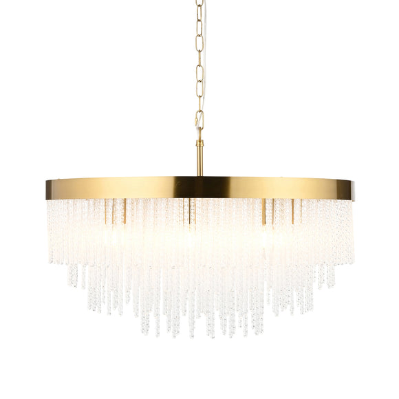 9 Light Pendant, Brushed Aged Brass and Decorative Glass Rod - Height Adjustable (0711ANI115347)