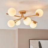6 Light Semi flush, Brushed Aged Brass / Matt Opal Spheres (0711AAR118651)
