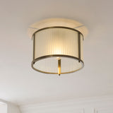 1 Light Flush, Antique Brass Plated with Frosted Ribbed Glass (0711RID119457)