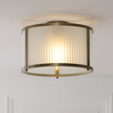 1 Light Flush, Antique Brass Plated with Frosted Ribbed Glass (0711RID119457)