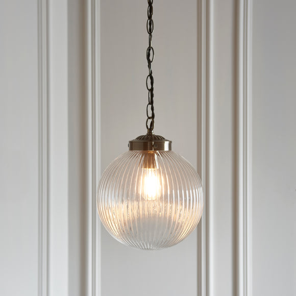 1 Light Pendant with Ribbed Round Glass in Antique Brass 250mm (0711BRY71123)