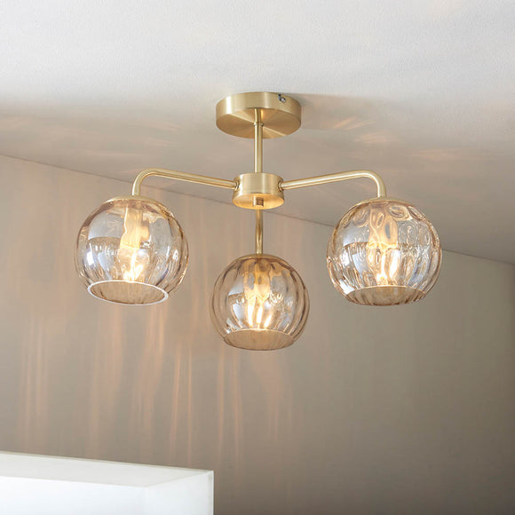Modern Classic Styling 3 Light Semi Flush in Satin Brushed Gold with Champagne Glass (0711DIM91968)