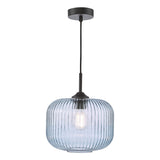 1 Light Pendant Matt Black and Blue Ribbed Glass (0183DEM0123)
