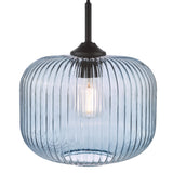 1 Light Pendant Matt Black and Blue Ribbed Glass (0183DEM0123)