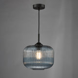 1 Light Pendant Matt Black and Blue Ribbed Glass (0183DEM0123)