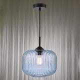 1 Light Pendant Matt Black and Blue Ribbed Glass (0183DEM0123)