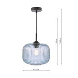 1 Light Pendant Matt Black and Blue Ribbed Glass (0183DEM0123)
