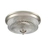 2 Light Flush Fitting - Satin Nickel with Decorative Clear Ribbed Glass (0194EMECF5821)