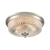 2 Light Flush Fitting - Satin Nickel with Decorative Clear Ribbed Glass (0194EMECF5821)