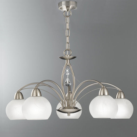 5 Light Pendant/Flush with in Satin Nickel with Alabaster effect Glasses (0194THE22775)