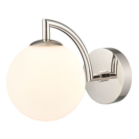 1 Light Bathroom Wall Bracket in Polished Nickel with Matt Opal Glass IP44 (0194GLOWB410378)
