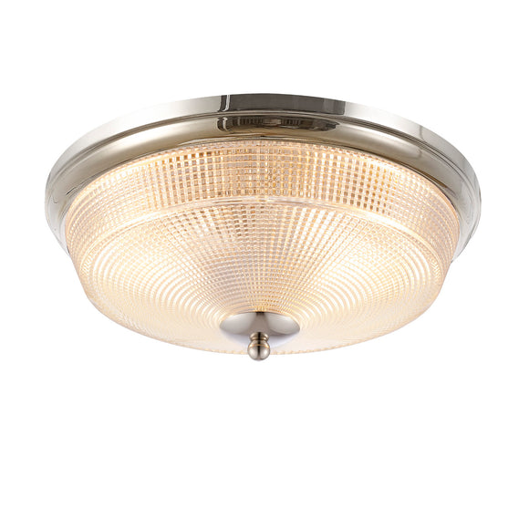 IP44 2 Light E27 Bathroom Flush Ceiling Light, Polished Nickel/Prismatic Glass (1230SHI44A)