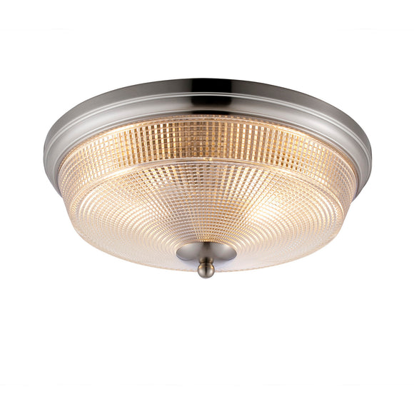 IP44 2 Light E27 Bathroom Flush Ceiling Light, Satin Nickel/Prismatic Glass (1230SHI44D)