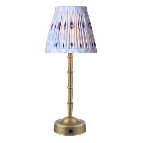 1 Light Rechargeable Table Light in Antique Brass with Blue Cotton Mix Shade (0183WYM4075)