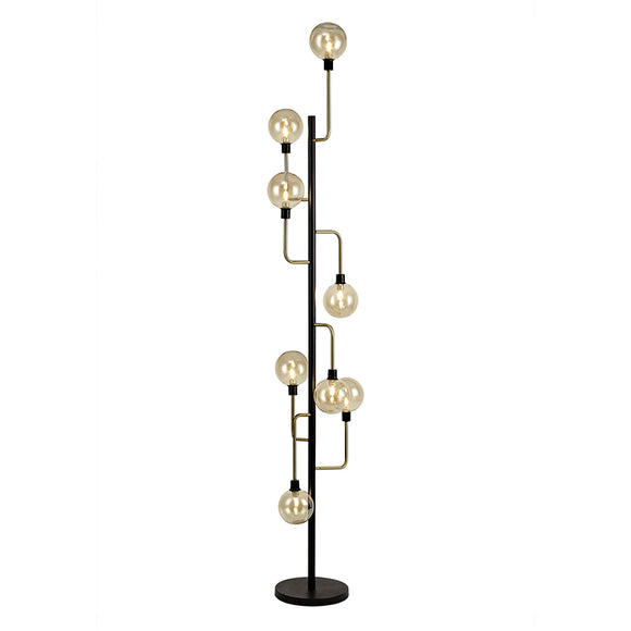 8 Light Floor Lamp - Matt Black/Antique Brass/Cognac Glass (1230FAI29B)