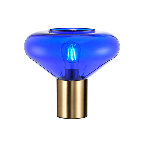 1 Light Wide Table Lamp, E27, Ancient Brass/Blue Ink Glass (1230SUN1064)