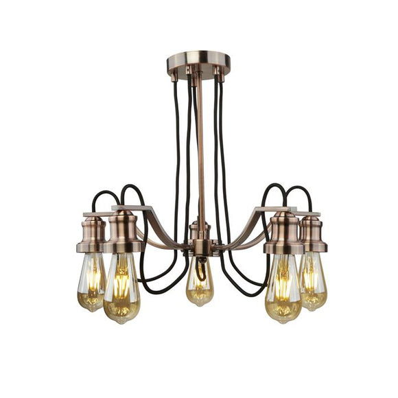 5 Light Chandelier Pendant - Antique Copper with Black Braided Cable (0483OLI10655CU)