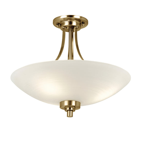 Semi flush light with an antique brass finish complete with a white painted glass shade which has a faint line pattern.  (0711WEL3AB)