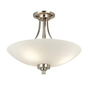 Semi flush light with a satin chrome finish complete with a white painted glass shade which has a faint line pattern. (0711WEL3SC)