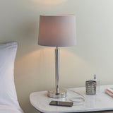 USB Table Lamp in bright nickel plate with a mink faux silk shade (0711SYO72175)