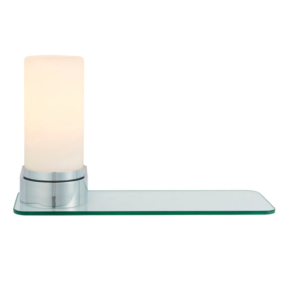 Designer chrome wall light with integral glass shelf. IP44 Suitable for Bathroom (0711TAL79920)