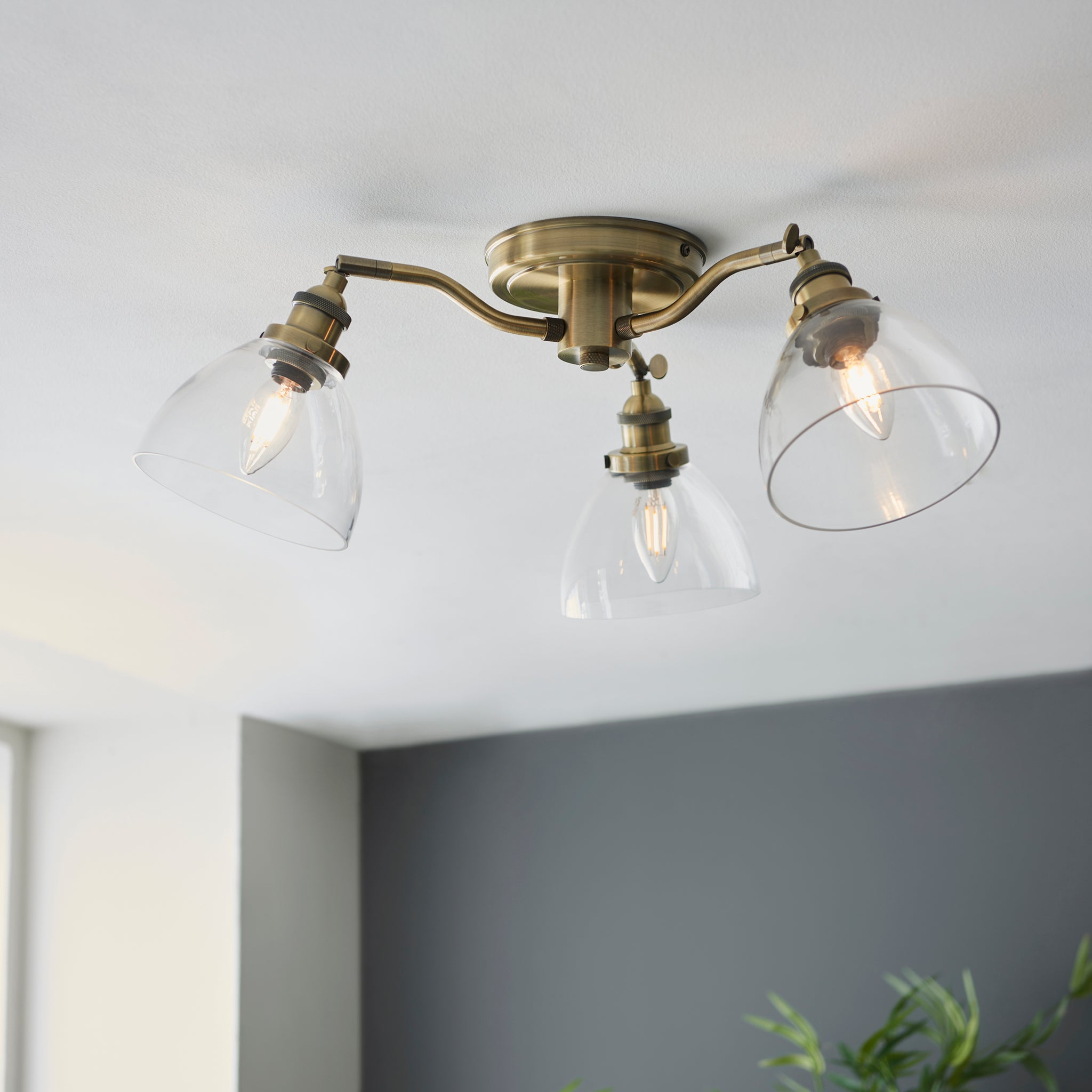 3 Light Semi Flush Fitting in Antique Brass Finish and Clear Glass Shades (0711HAN97247)