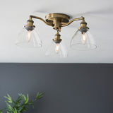 3 Light Semi Flush Fitting in Antique Brass Finish and Clear Glass Shades (0711HAN97247)