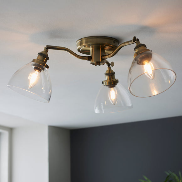 3 Light Semi Flush Fitting in Antique Brass Finish and Clear Glass Shades (0711HAN97247)