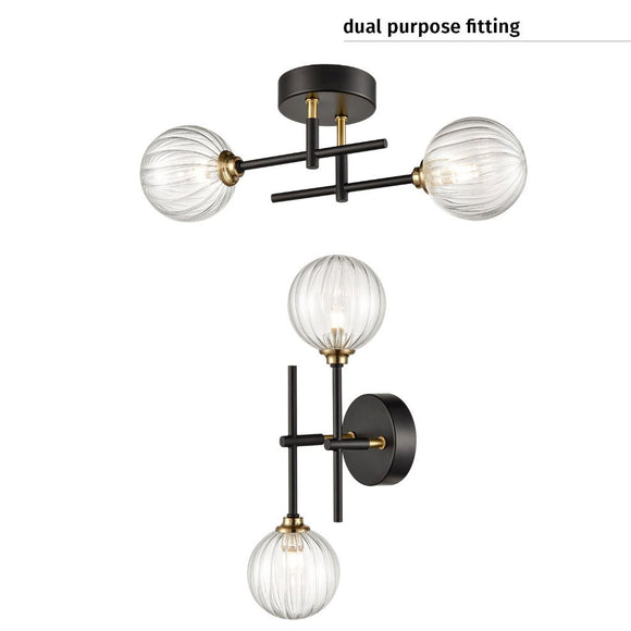 2 light Semi Flush / wall bracket dual purpose in Antique Gold and Matt Black IP44 (0194ABS2)