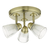 3 Light Bathroom Flush Antique Brass Clear Ribbed Glass IP44 (0183CED7675)