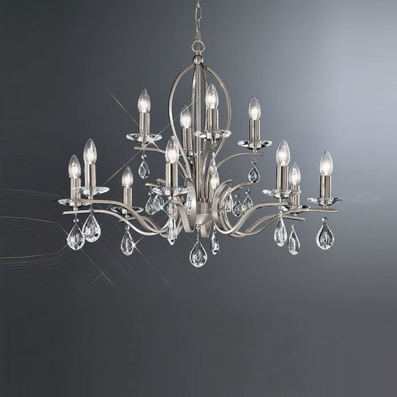 12 light chandelier in Satin Nickel with crystal glass droplets (0194WILFL229812)