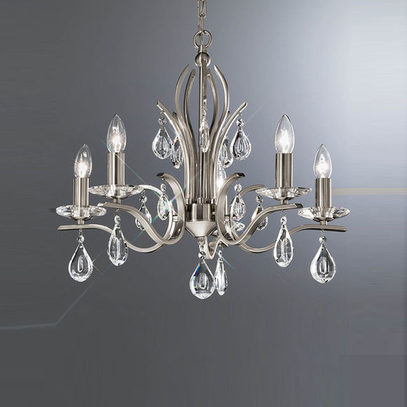 5 light chandelier in Satin Nickel with crystal glass droplets (0194WILFL22985)