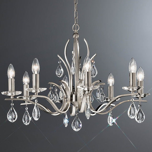 8 light chandelier in Satin Nickel with crystal glass droplets (0194WILFL22988)