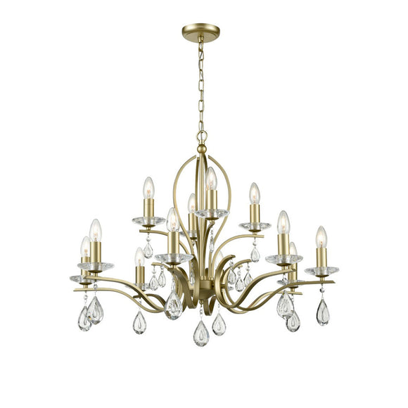 12 light chandelier in Matt Gold with crystal glass droplets (0194WILFL238412)