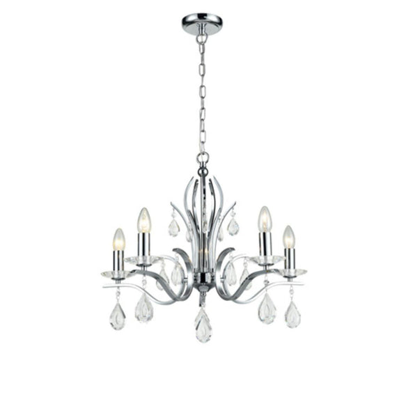 5 light chandelier in Polished Chrome with crystal glass droplets (0194WILFL24035)