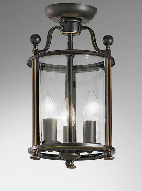 3 Light Semi Flush Indoor Lantern Antique Bronze and Clear Glass (0183PASLA70013)