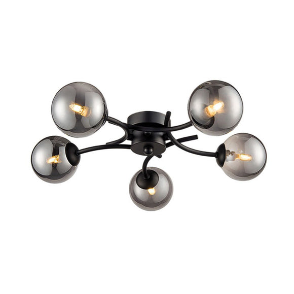5 Light Semi-Flush Ceiling Fitting, matt black, smoke-coloured glass (0194PROFL24385)