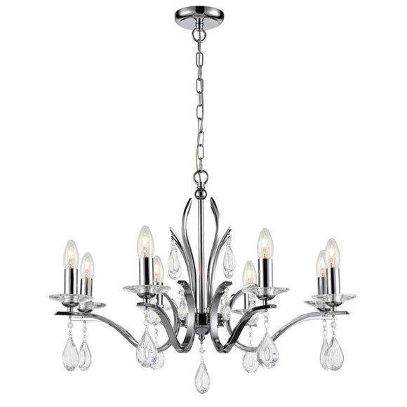 8 light chandelier in Polished Chrome with crystal glass droplets (0194WILFL24038)