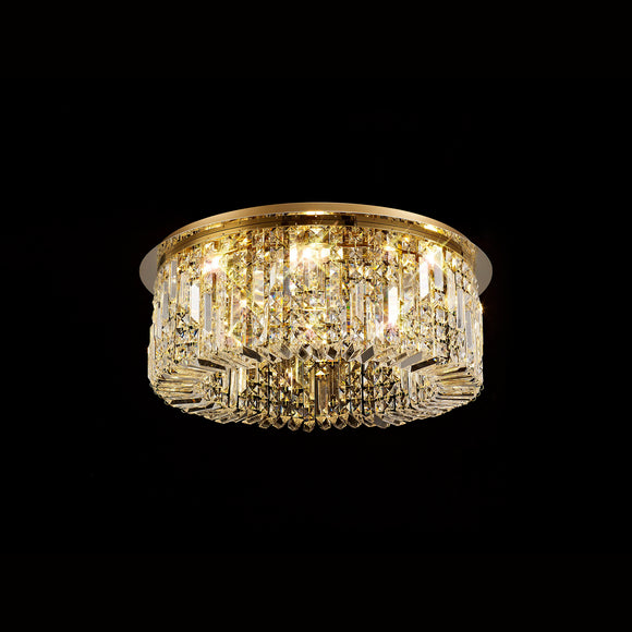 65cm Round Flush Chandelier, 8 Light E14, Gold/Crystal (1230HAL71B)